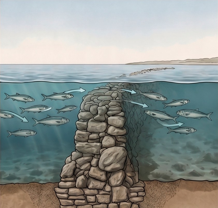 Con la marea alta el agua cubre el muro de piedra del corral y los peces entran por encima