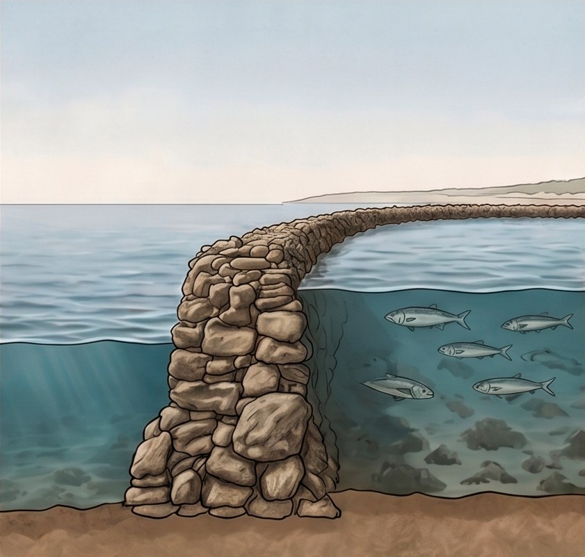 Al bajar la marea el mar queda más bajo y el muro retiene el agua con los peces dentro
