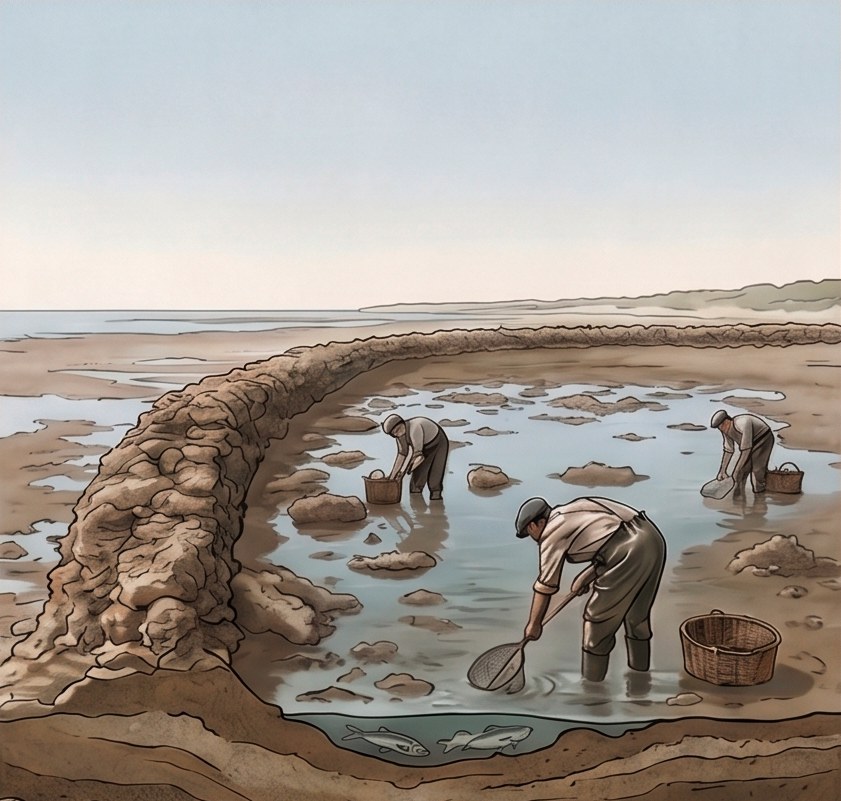 Con la marea baja los corraleros recogen el pescado a pie dentro del corral