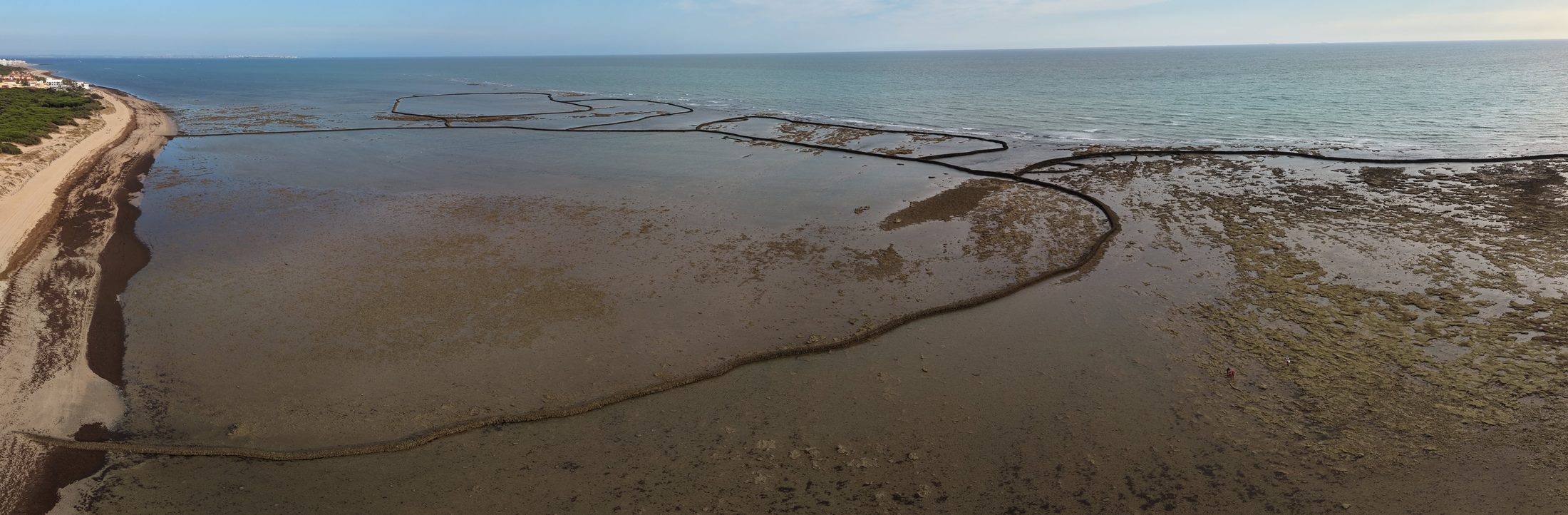 Aerial view of the corrales of Rota curving across the intertidal shore